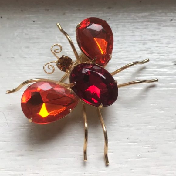 Jewelry - 1960s Red Glass Beetle Brooch - Costume Jewelry - Novelty Brooch - Bug Brooch